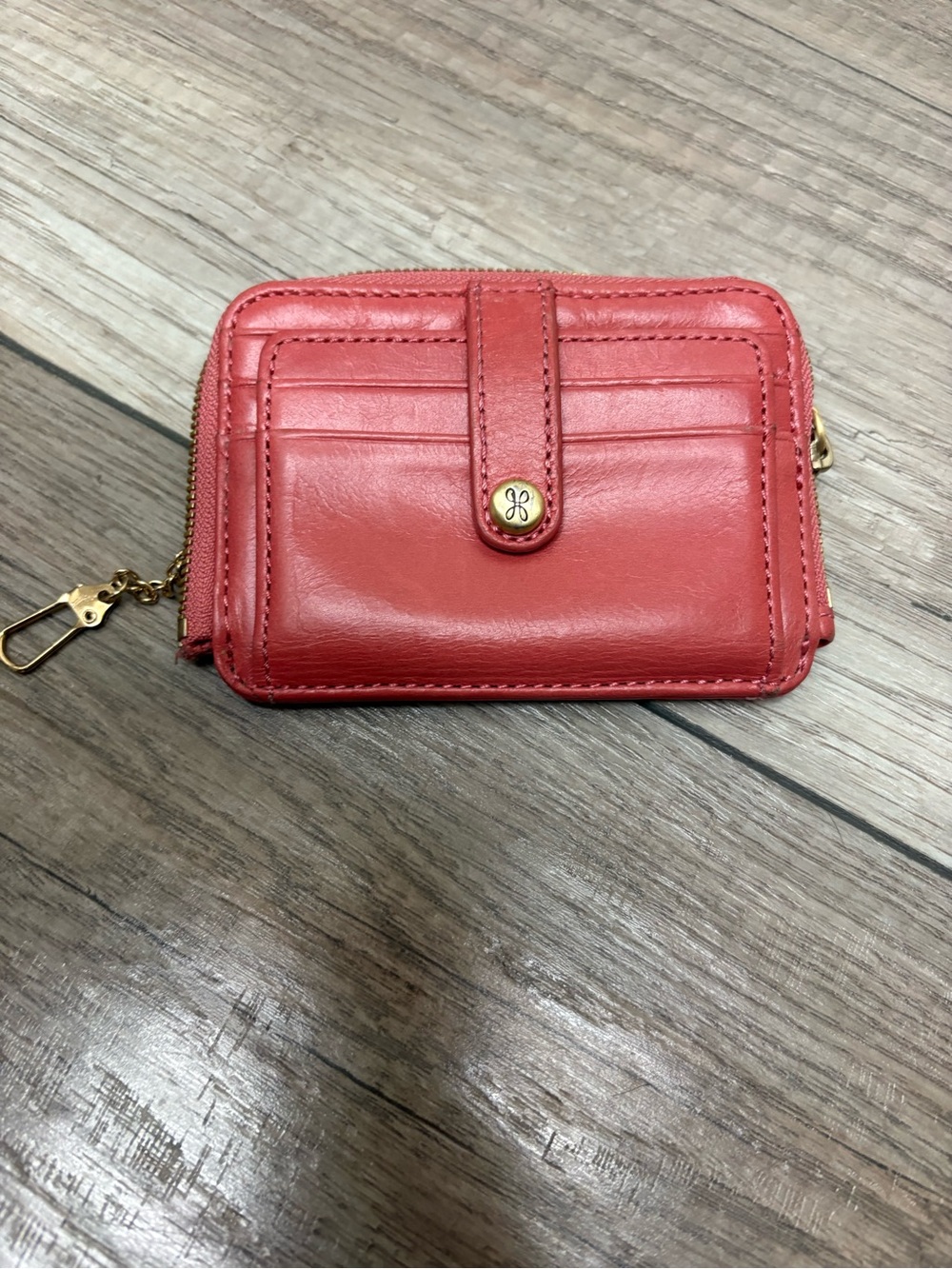 HOBO Coral Red Leather Card Case with Gold Hardware
